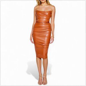 Nookie Leona Strapless Midi Dress Tan Brown Faux Leather Bodycon New NWT M